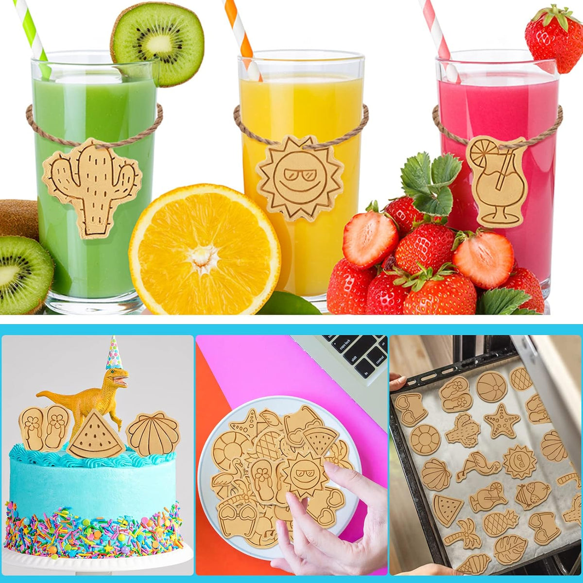 16 Pcs Summer Beach Cookie Cutters with Plunger Stamps Set Tropical Cookie Molds Beach Party Supplies Biscuit Fondant Cutters, Pineapple Flamingo Palm Tree Starfish Seashell Sunglasses Ice Cream