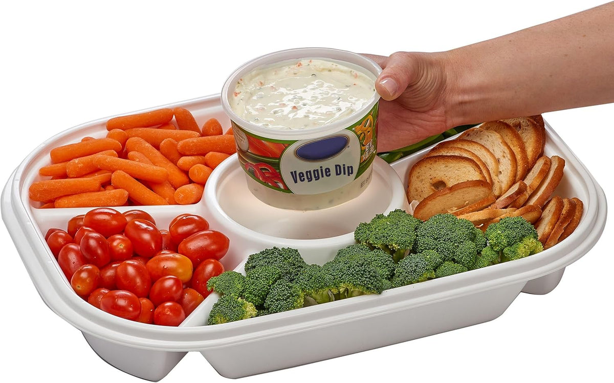 Buddeez Jumbo Divided Serving Tray with Lid - Includes 6 Bins for Party Platter, Snackle Box Container, Fruit and Veggie Tray, Chip