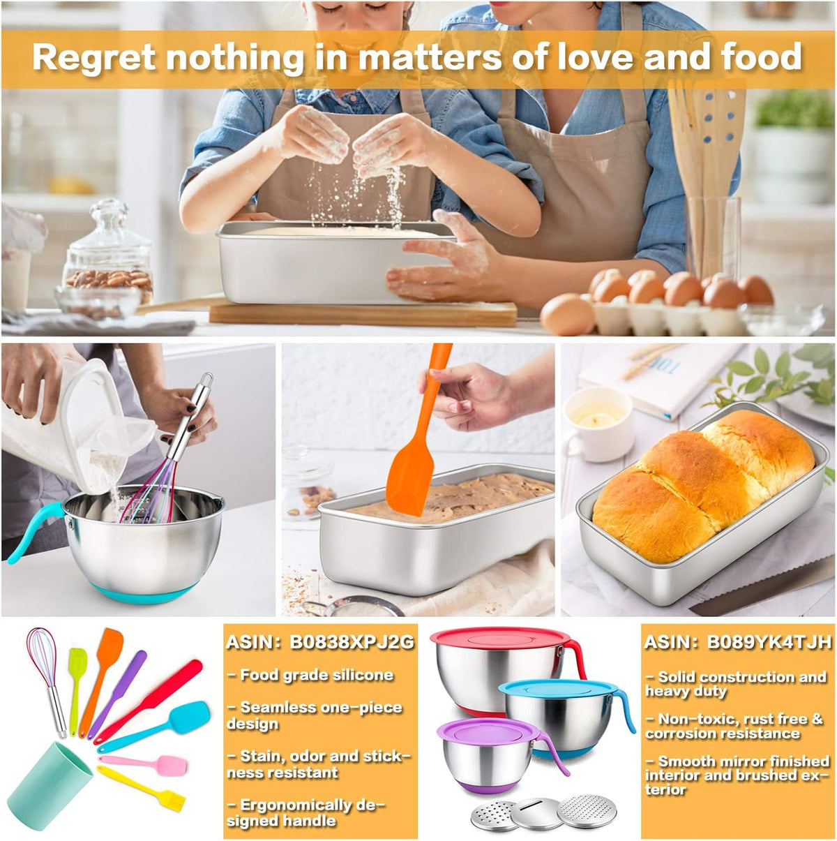 E-far Loaf Pan for Baking Bread, 9 x 5 Inch Stainless Steel Baking Loaf Pans, Metal Bakeware for Bread Meatloaf Cake Brownies, Healthy & Non Toxic, Easy Release & Dishwasher Safe - Set of 3
