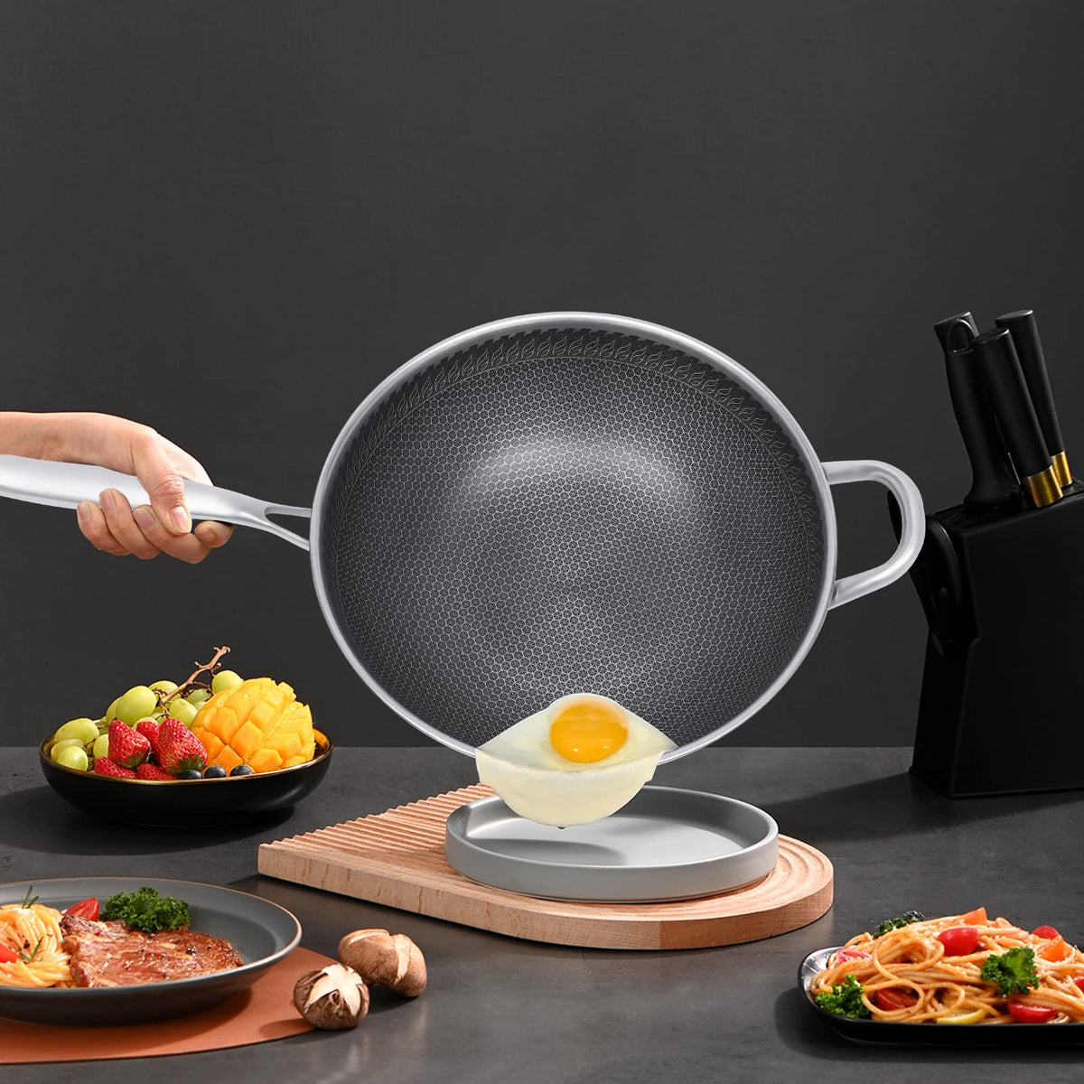 12-calowa patelnia wok ze stali nierdzewnej z pokrywką, powłoka plastra miodu, woki i patelnie do smażenia, nieprzywierający wok, zestaw indukcyjny, chiński wok, bez powłoki chemicznej, do indukcji, elektryczności, gazu, halogenu
