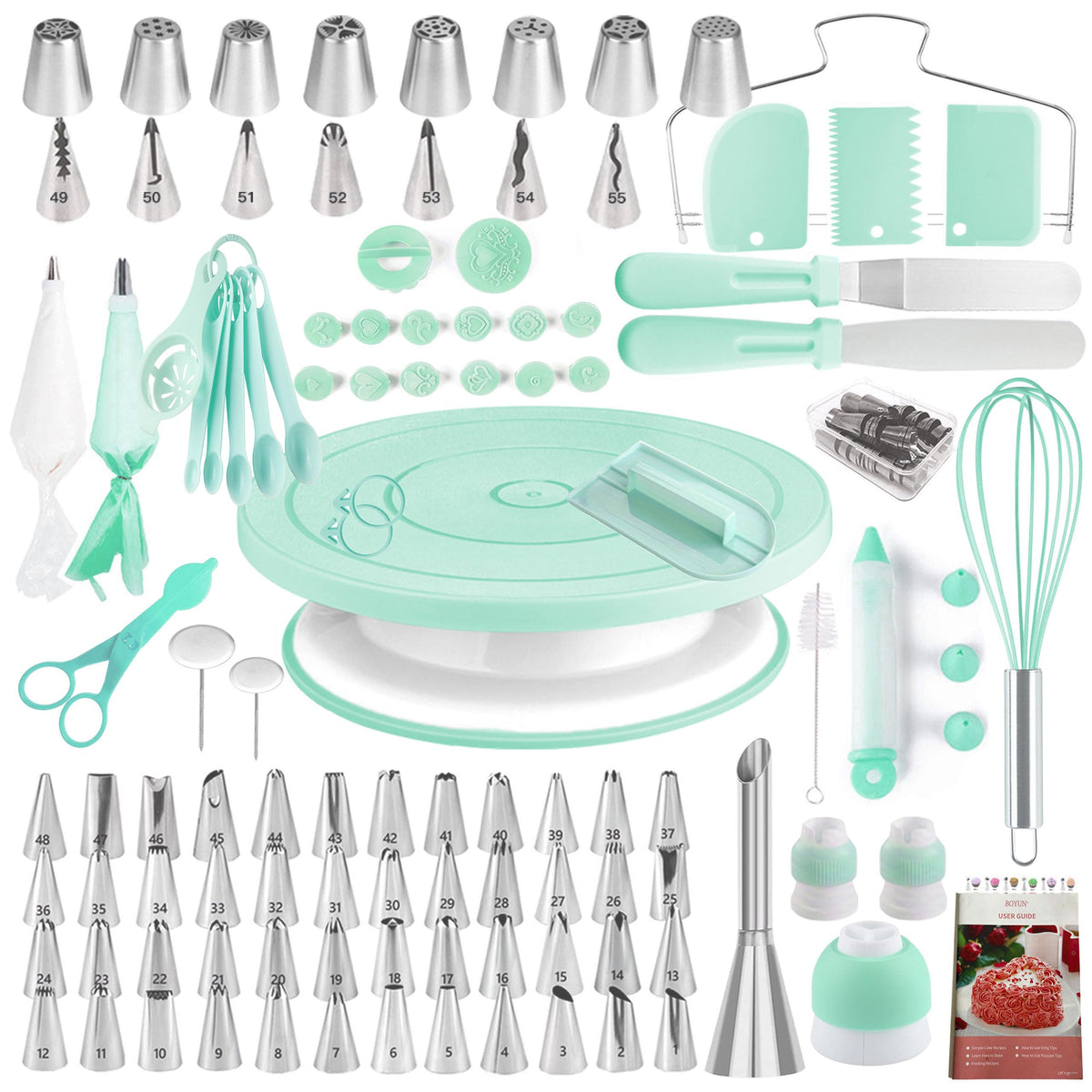 Cake Decorating Kit,137pcs Cake Decorating Supplies with Cake Turntable for Decorating,Pastry Piping Bag,Russian Piping Tips Baking Tools, Cake Baking Supplies for Beginners(Green-ne)