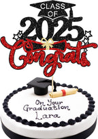 1Pc Congrats Grad 2025 Cake Topper Red Glitter Diploma Graduation Cap Cake Pick Congrats Class of 2025 Cake Decorations for 2025 Graduation Theme High School Boys Girls Graduate Party Supplies