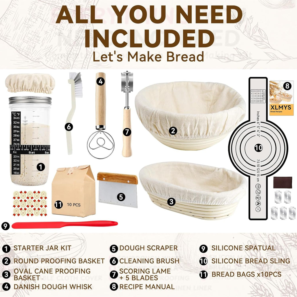 Sourdough Starter Kit - Banneton Proofing Basket 9 Inch Round & 10 Oval, 26 PCS Baking Supplies With Starter Jar, Bread Sling, Lame, Danish Dough Whisk, Bags