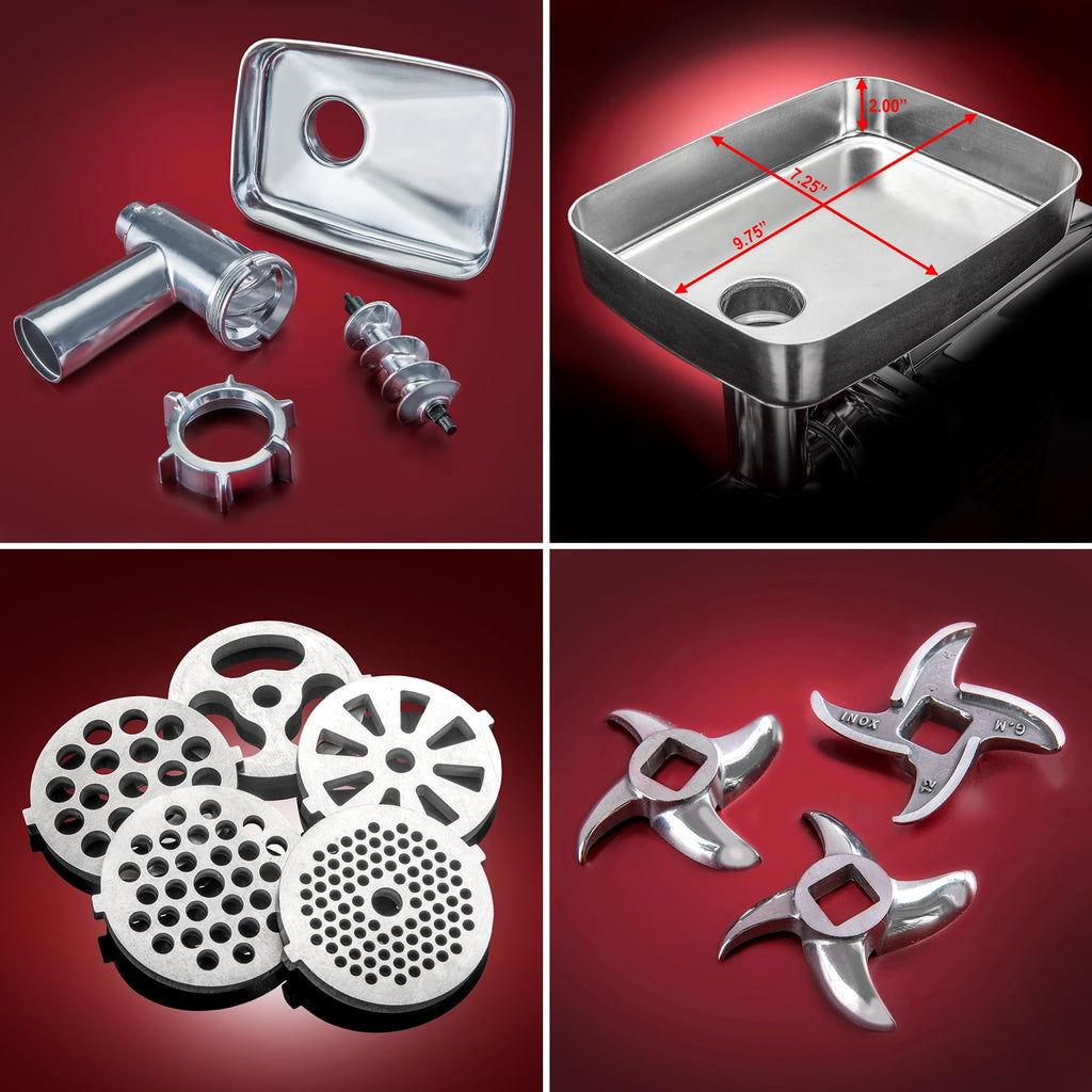 STX Megaforce 3000 Mocna, chłodzona powietrzem, 6 w 1, elektryczna maszynka do mięsa z pedałem nożnym • Nadziewarka do kiełbas • Maszynka do kubbe • Maszynka do burgerów/sliderów • 2 szczypce do mięsa • 3 ostrza ze stali nierdzewnej • 5 płyt mielących