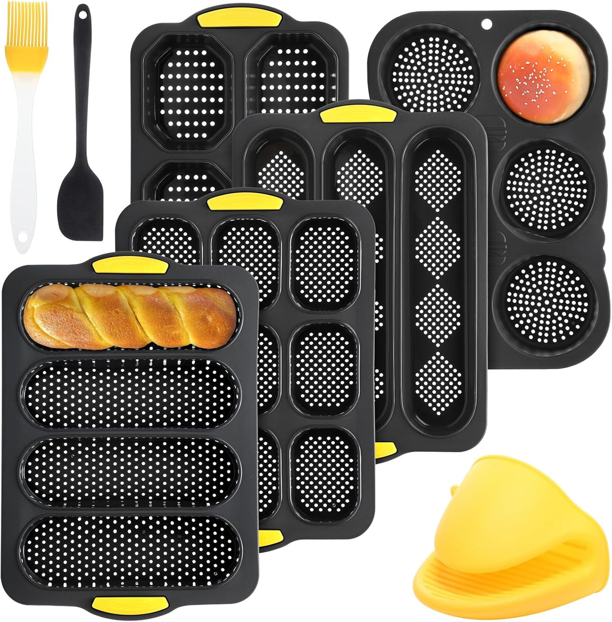 8 Pcs Silicone Baguette Hamburger Bun Baking Pan Set 4 6 9 Cup French Bun Mold 3 Cup Nonstick Baguette Bread Pan with Tool for Homemade Bread Loaf Sandwich Microwave