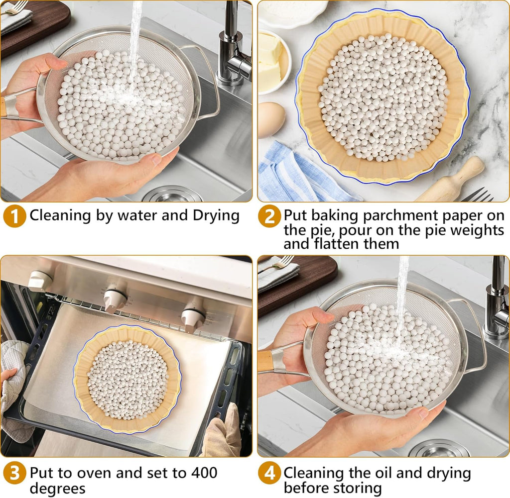 2.2 LB Pie Weights with Pie Crust Shield and Pie Crust Cutter – All In One Baking Supplies Kit with Ceramic Beads – Durable Food-Grade Baking Tools Ideal for Pies, Tarts, Cakes, White