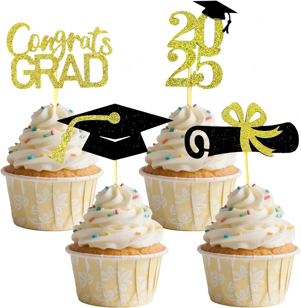 Graduation Cupcake Toppers Decorations Party Supplies, 24 PCS Food/Appetizer Picks For Class of 2025 Mini Cake Decorations, Diploma, Grad Cap Set 24 Pieces (Gold)