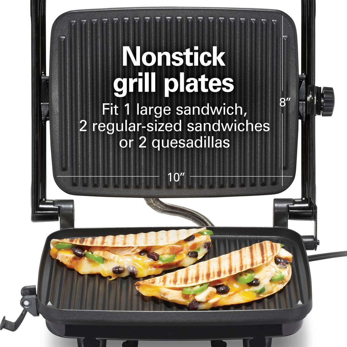 Сендвічниця Hamilton Beach Panini Press та електричний гриль для приміщень із кришкою, що замикається, відкривається на 180 градусів для будь-якої товщини кесадільї, бургерів тощо, антипригарні решітки 8" x 10", хром (25460AG)