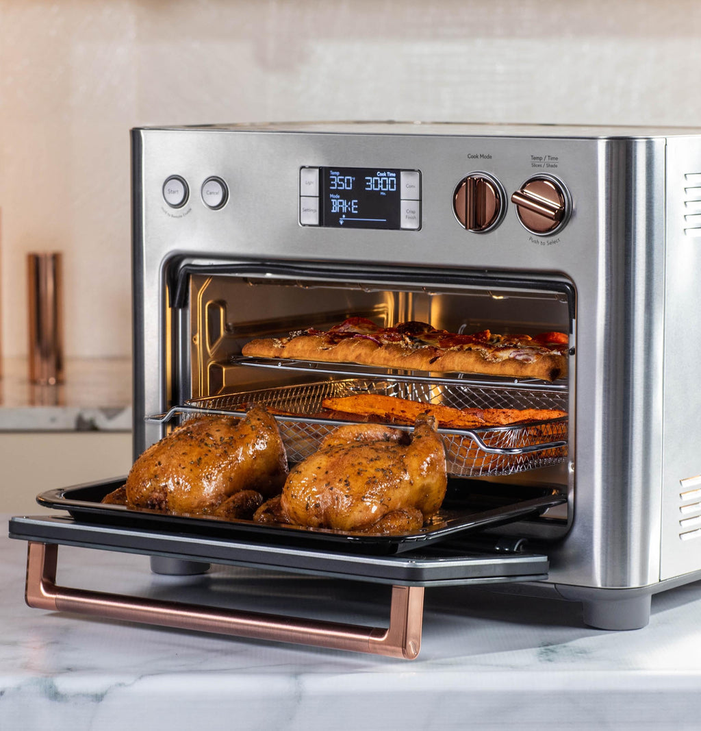 Piekarnik Café Couture z 14 podstawowymi trybami gotowania, w tym Air Fry, CrispFinish, pieczenie, grillowanie, pieczenie, tosty, pizza, WiFi i inteligentne połączenie, sterowanie głosowe, małe urządzenia kuchenne, stal srebrna