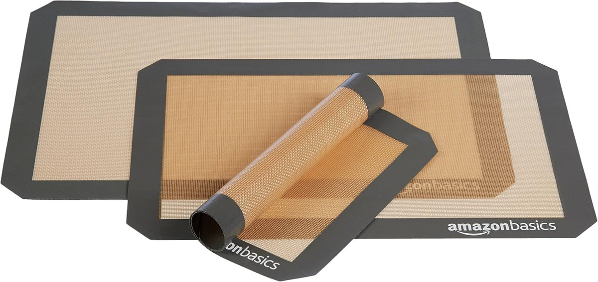 Amazon Basics Rectangular Silicone, Non-Stick, Food Safe Baking Mat, 9"x13", 9.9"x14.8", and 16.5"x11.6", Beige/Gray, Pack of 3