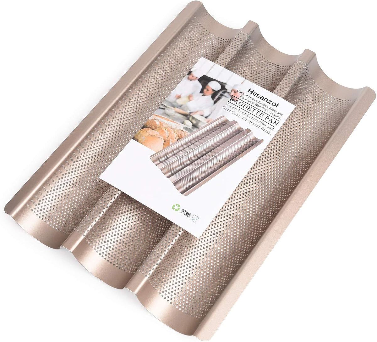 Baguette Pans for Baking 15" x 11", Carbon Steel 3 Loaf Nonstick Baguette Baking Tray for French & Italian Perforated French Bread Pan