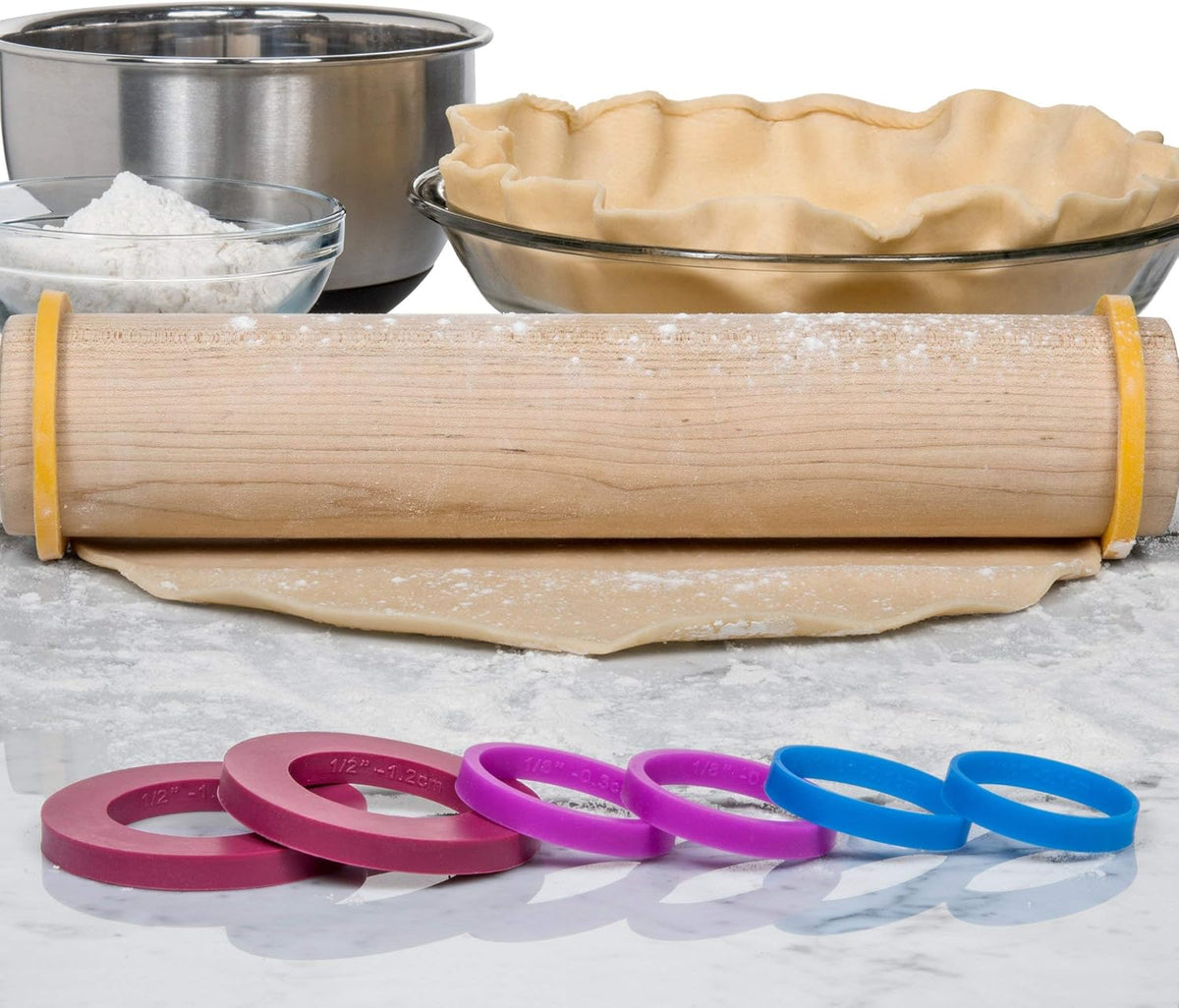Rolling Pin Guide Ring Spacer Bands (8 Piece Set) Multicolored Flexible Silicone Slip On Baking Accessories Fit 1 3/4” to 2” Wide Dough Rollers