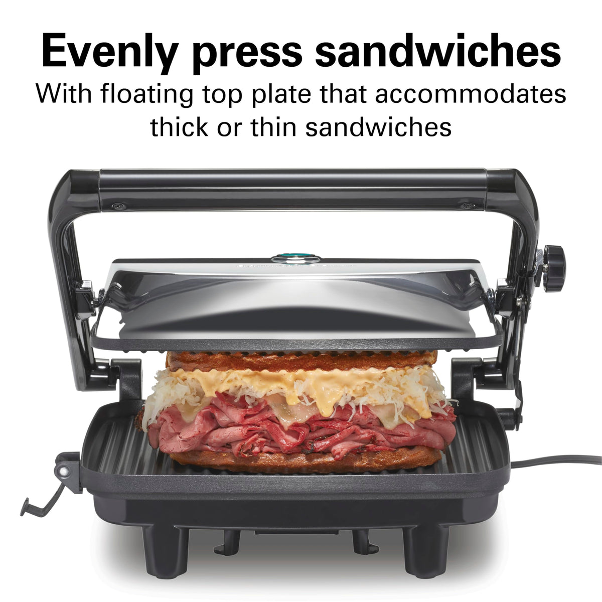 Сендвічниця Hamilton Beach Panini Press та електричний гриль для приміщень із кришкою, що замикається, відкривається на 180 градусів для будь-якої товщини кесадільї, бургерів тощо, антипригарні решітки 8" x 10", хром (25460AG)