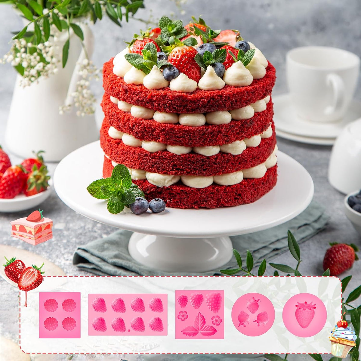 5 Pcs Strawberry Baking Mold Silicone Handmade Candy Jelly Bakeware 3D Flower Strawberry Embed Silicone Fruit Shape Pastry Mold for Soap wax Chocolate Fondant Ice Cream Cupcake Cake Decor