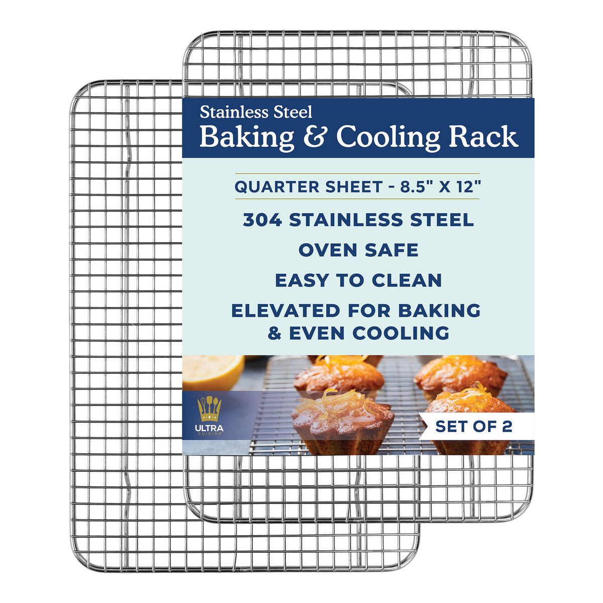 Ultra Cuisine Oven-Safe, Dishwasher-Safe 100% Stainless Steel Cooling and Baking Rack Set Heavy Duty Tight-Wire - 11.5 x 16.5-inch - Set of 2 - Half Sheet Pan Cooling Racks