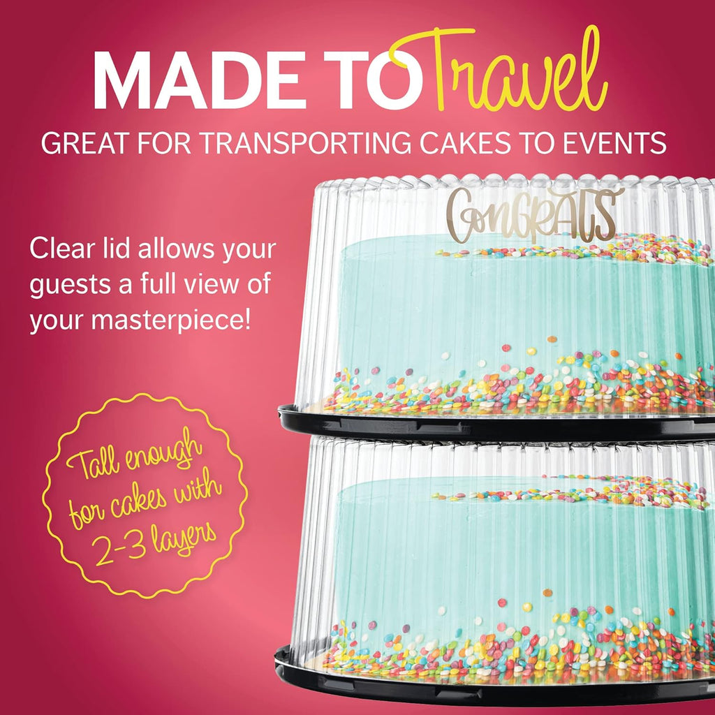 10 - 11" Plastic Disposable Cake Containers Carriers With Dome Lids And Cake Boards [5 Pack] And Cake Server | Round Bundt Cake Boxes / Cover | 2-3 Layer Cake Holder Display Containers For Transport
