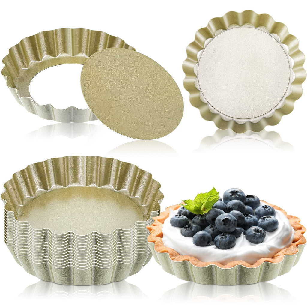 Tessco 16 Pieces Mini Tart Pans with Removable Bottom Nonstick Quiche Mini Pie Tart Pans Bakeware Mold Fluted Side for Pies(Black Gray Round,3 Inch)