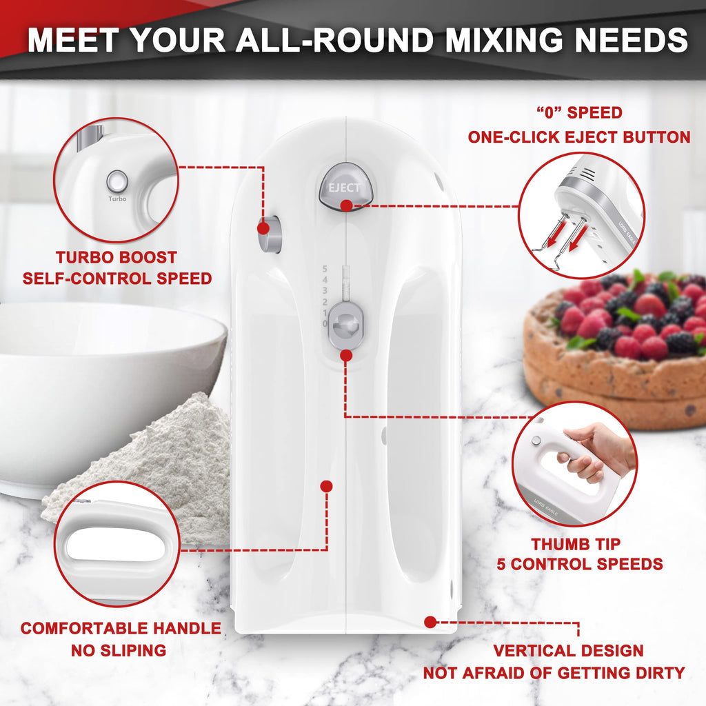 Lord Eagle Hand Mixer Electric 400W, 5 Speed handheld Mixer, 5 Stainless Steel Accessories for Baking Cake Egg Cream Food Beater, Turbo Boost/Self-Control Speed + Eject Button (White)