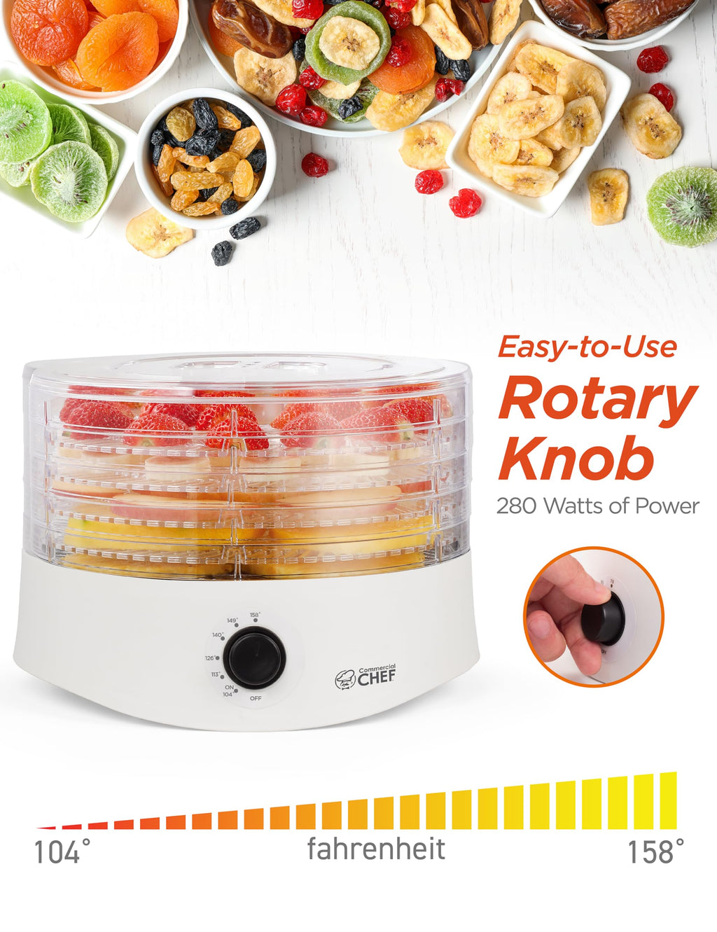 Комерційний дегідратор для харчових продуктів Chef, дегідратор для харчових продуктів та в'яленого м'яса, машина для дегідрації м'яса потужністю 280 Вт з 5 сушильними решітками та висувним лотком, білий