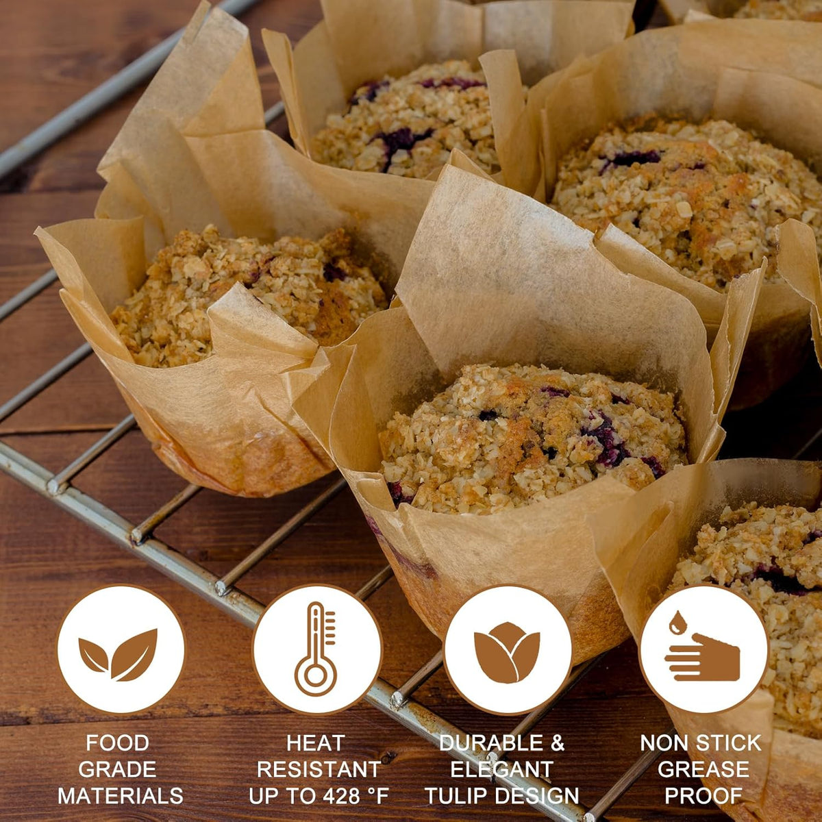 120 Counts Natural Tulip Cupcake Liners for Baking Cups, Food Grade Parchment Paper Muffin Liners Holders, Standard Tulip Cupcake Liners, Greaseproof Cup Cake Wrappers for Party, Christmas