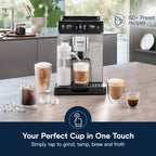 Ekspres do kawy De'Longhi Eletta Explore z funkcją Cold Brew, automatycznym spieniaczem do mleka na gorąco i na zimno, umożliwiającym przygotowanie ponad 50 przepisów za jednym dotknięciem, wbudowanym młynkiem, ECAM45086S
