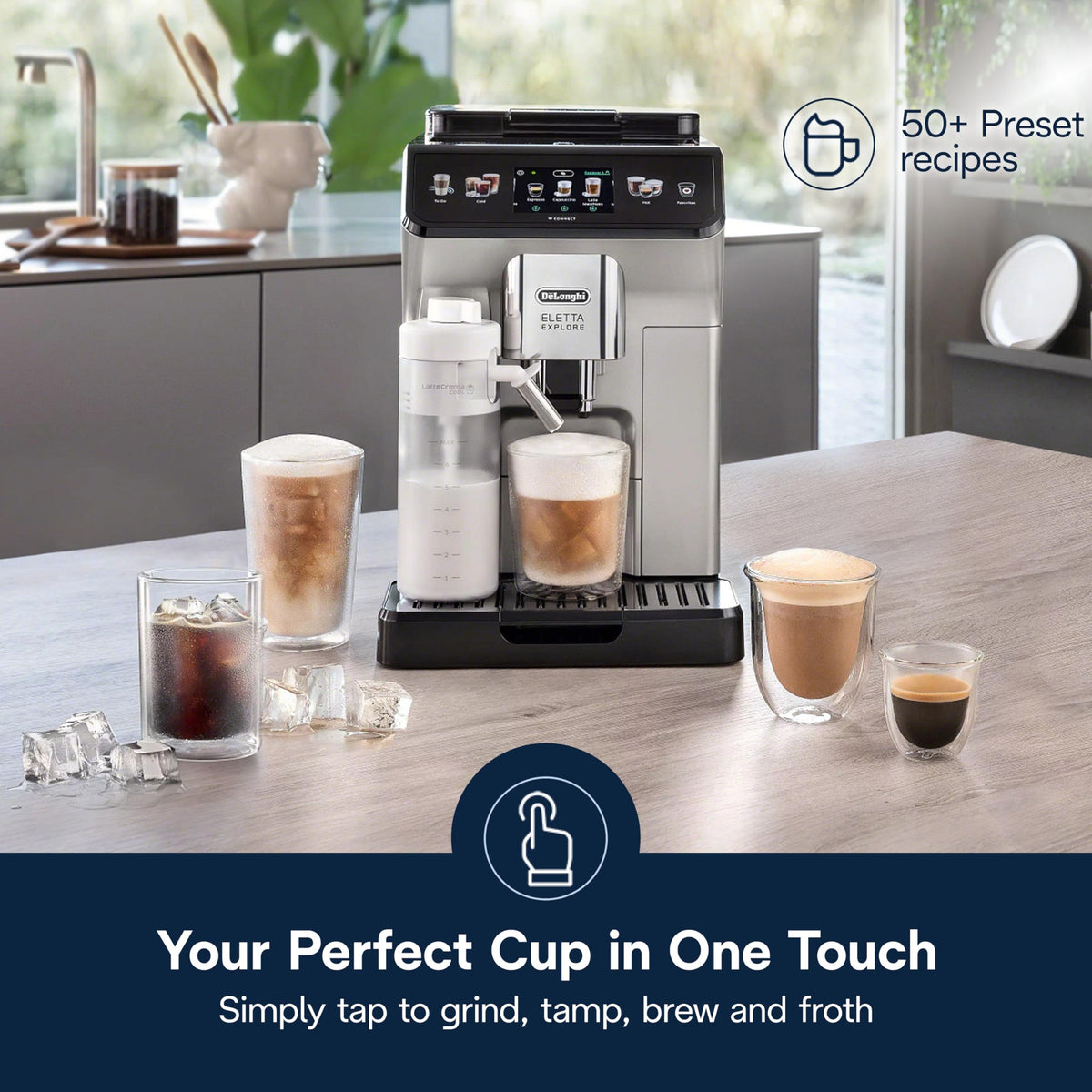 Ekspres do kawy De'Longhi Eletta Explore z funkcją Cold Brew, automatycznym spieniaczem do mleka na gorąco i na zimno, umożliwiającym przygotowanie ponad 50 przepisów za jednym dotknięciem, wbudowanym młynkiem, ECAM45086S