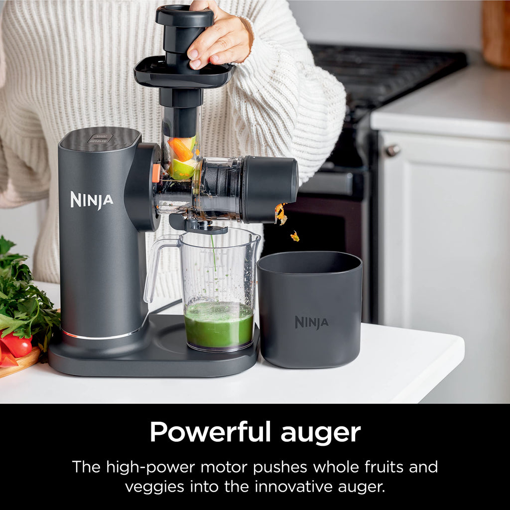 Wyciskarka do soku Ninja JC151 NeverClog Cold Press, wydajna wolnoobrotowa wyciskarka z całkowitą kontrolą miąższu, blatowa, elektryczna, 2 funkcje miąższu, można myć w zmywarce, 2. generacja, węglowa