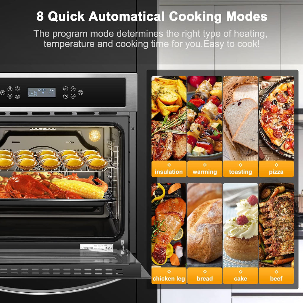 AMZCHEF Single Wall Oven 24" Built-in Electric Ovens with 11 Functions, 8 Automatic Recipes, 2800W, 240V, 2.5Cu.f Convection Wall Oven in Stainless Steel, Touch Control, Timer, Safety Lock,Upgraded