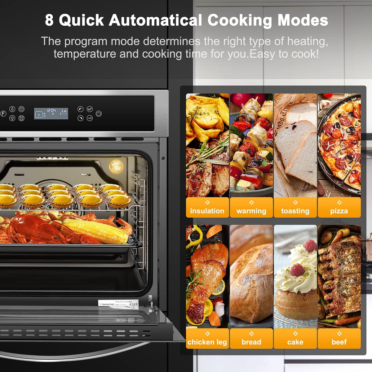 AMZCHEF Single Wall Oven 24" Built-in Electric Ovens with 11 Functions, 8 Automatic Recipes, 2800W, 240V, 2.5Cu.f Convection Wall Oven in Stainless Steel, Touch Control, Timer, Safety Lock,Upgraded