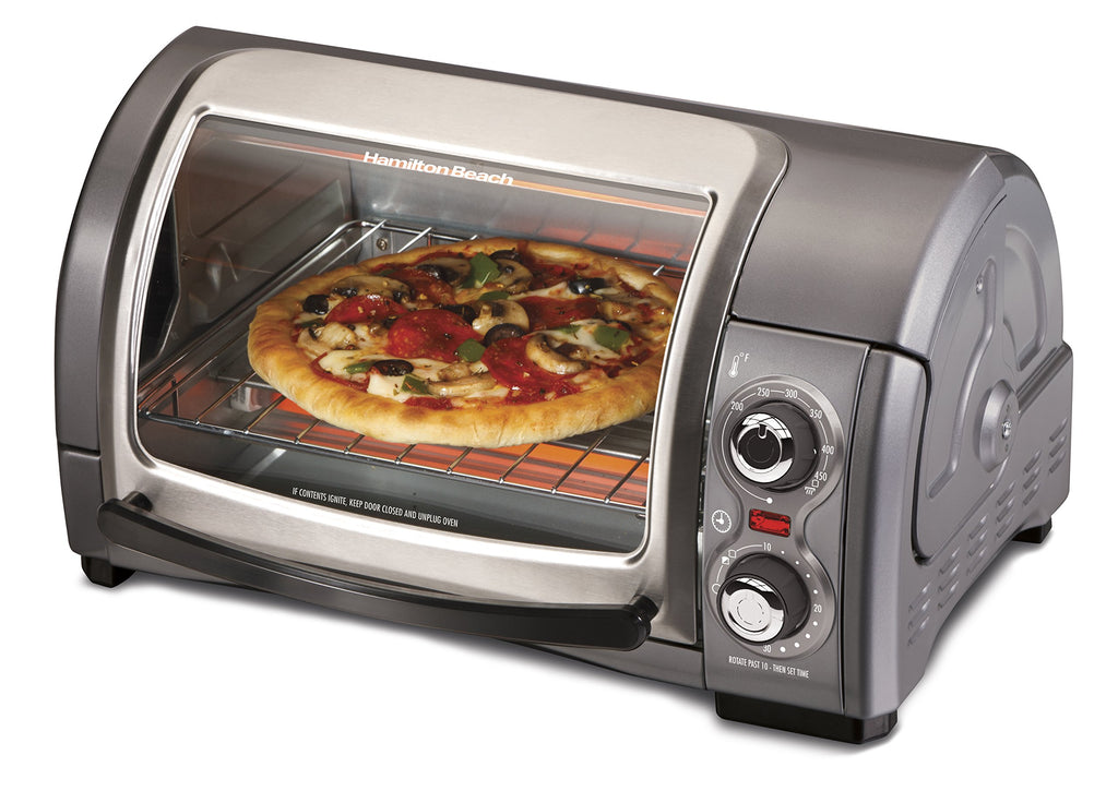 Hamilton Beach Easy Reach 4-Slice Countertop Toaster Oven With Roll-Top Door, 1200 W, Pasuje do pizzy 9”, 3 funkcje pieczenia: pieczenie, grillowanie i tostowanie, Srebrny (31344DA)