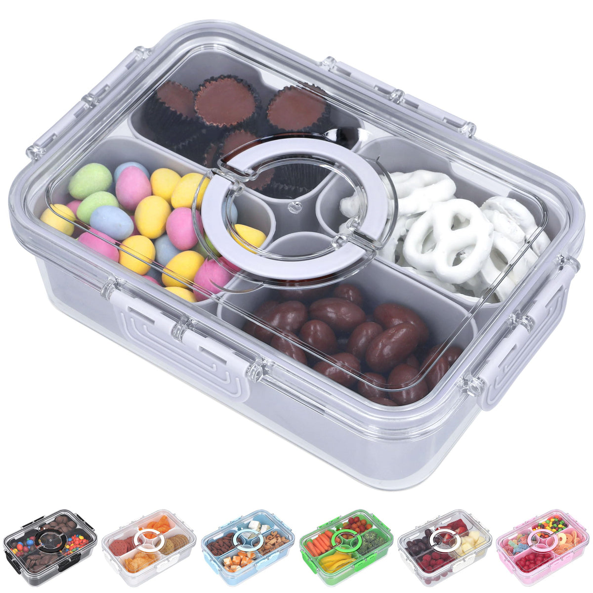 Snackle Box Container with Lid- Travel Charcuterie Box with Handle - Organizer for Candy, Fruit, Nuts, Veggies, Snacks, Beach Essentials, Portable Lunch Box (Pink, Small)