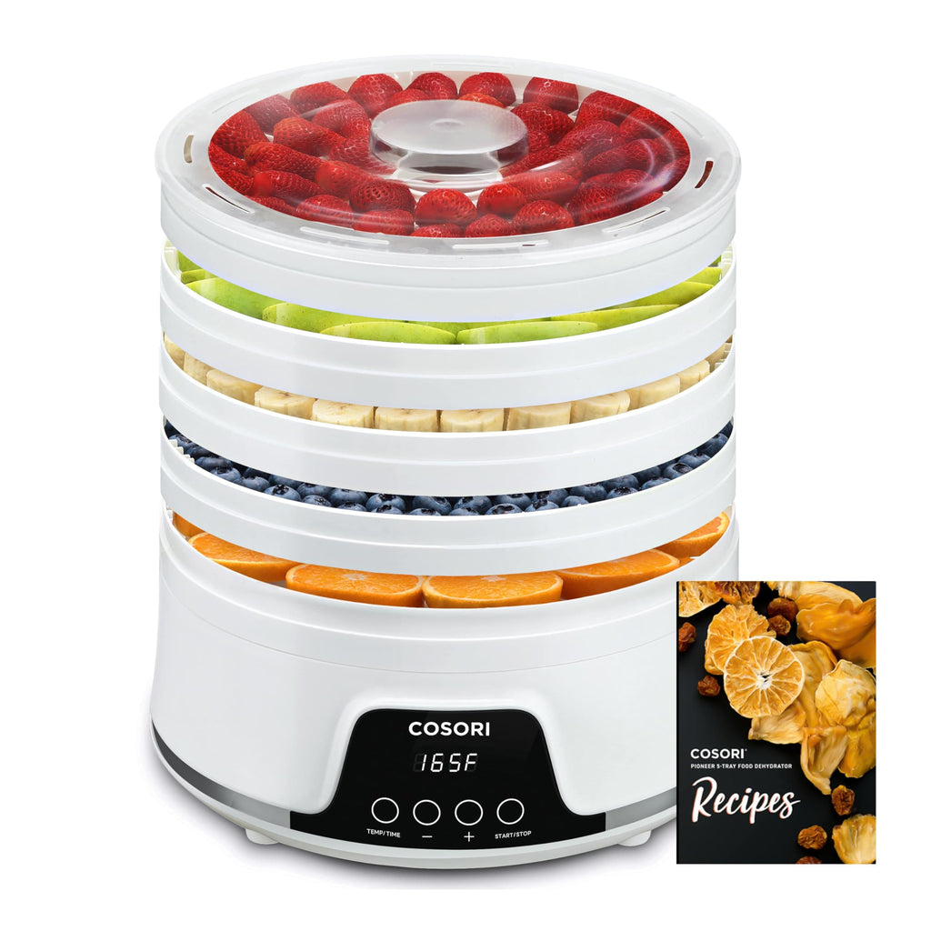 Suszarka do żywności COSORI do suszonego mięsa, 5 tacek 12,2" bez BPA z regulacją temperatury 165°F i 48-godzinnym timerem, suszarka 350 W do owoców, ziół, mięsa, warzyw i przysmaków dla psów, w zestawie książka z 50 przepisami