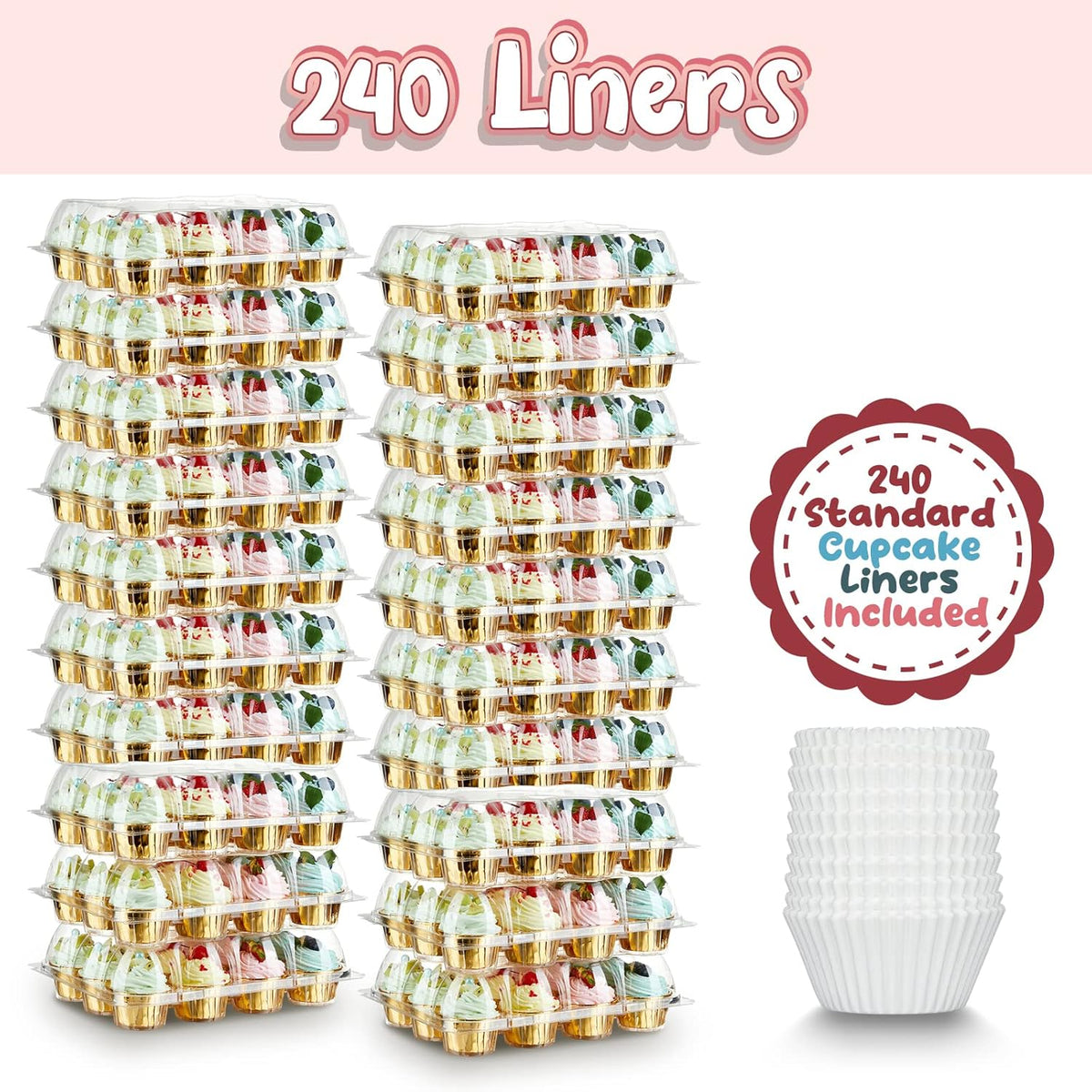 (12 Pack x 20 Sets) Stackable Cupcake Carrier with 240 Pack Liners, Plastic Cupcake Boxes Holders for 12 Cupcakes, High Tall Dome Lid Cupcake Containers, Clear Disposable Cupcake Trays