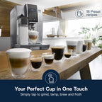Кавоварка De'Longhi Dinamica LatteCrema з автоматичним спінювачем молока для лате, капучино, вбудованою кавомолкою, сріблястий колір, ECAM35075SI