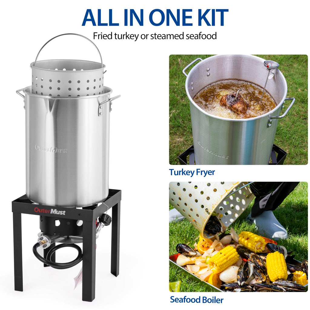 OuterMust 30 QT. Zestaw do smażenia indyka 50 000 BTU Carb Boil Pot z koszykiem i palnikiem, idealny do gotowania indyka, raków, krabów