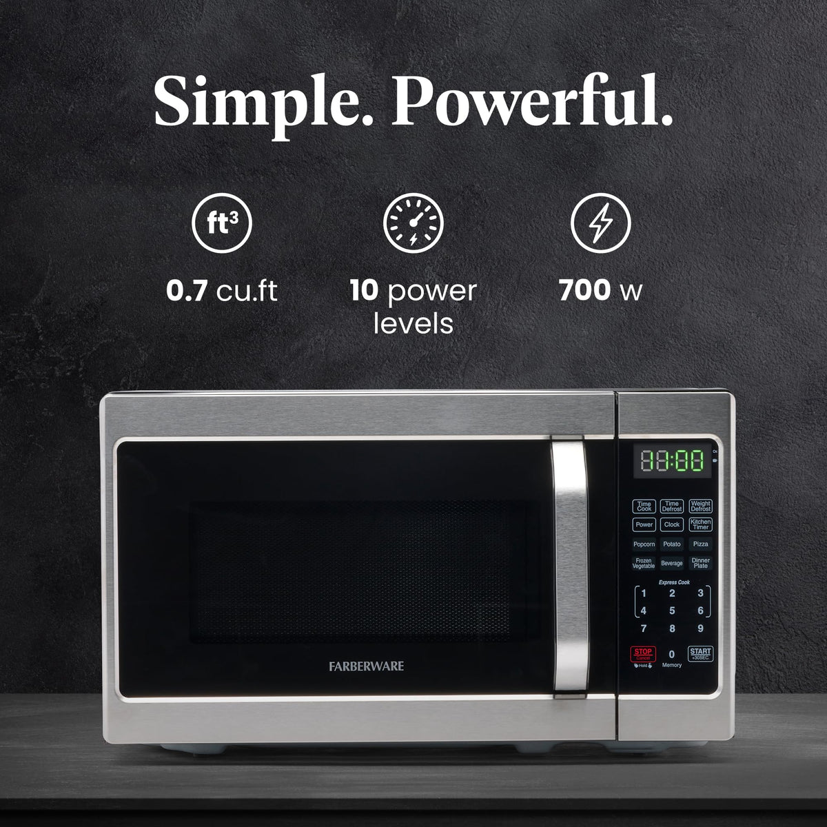 Kuchenka mikrofalowa Farberware Countertop o mocy 700 W, 0,7 stopy sześciennej - kuchenka mikrofalowa z oświetleniem LED i blokadą dziecięcą - idealna do mieszkań i akademików - łatwa do czyszczenia stal nierdzewna