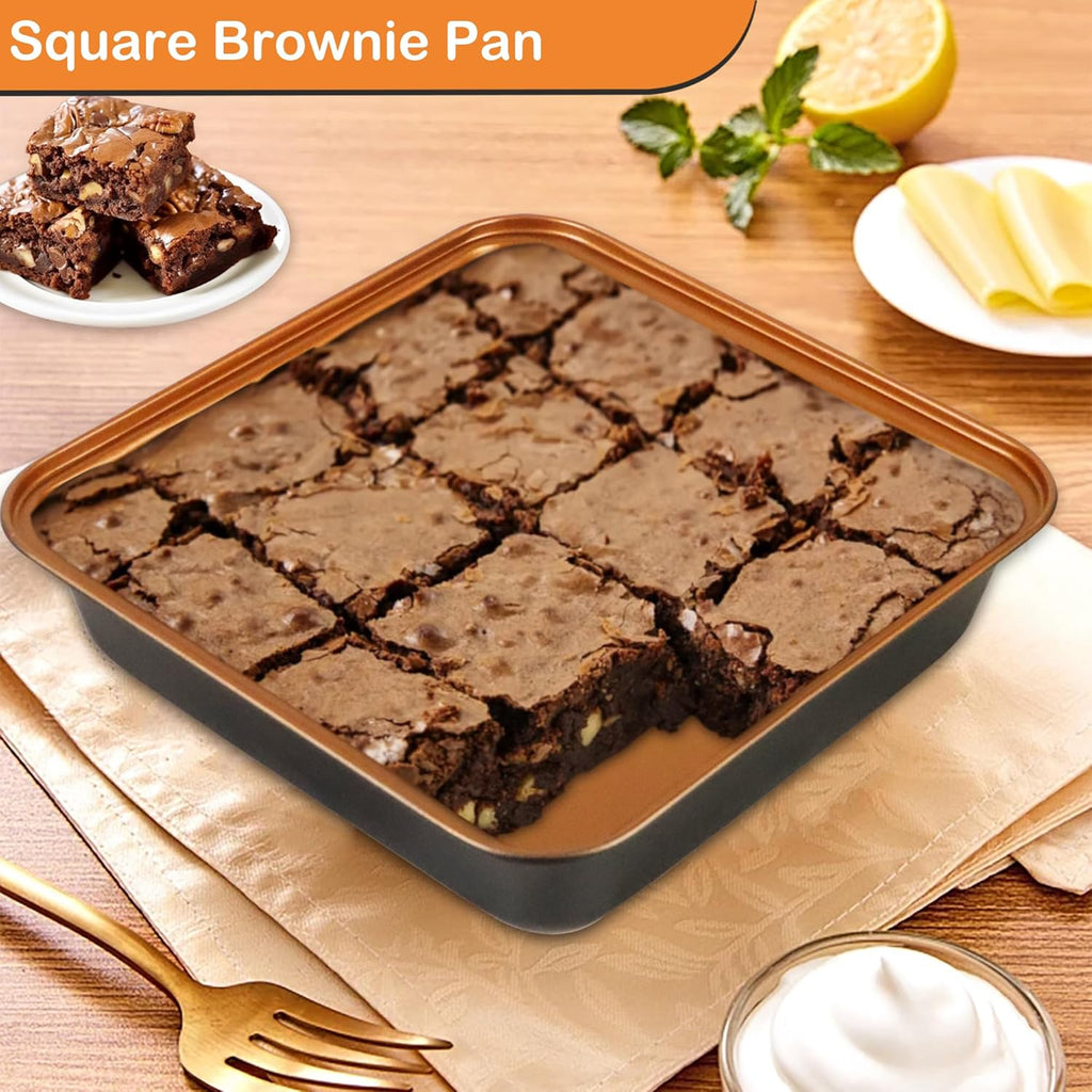 Baking Pans Set 6-Pieces, Non Stick Bakeware Set Stackable, with Cookie Sheet, Muffin, Round/Square Cake Pan, Loaf Pan, Rack, Oven Mitt for Home Baker, Gold