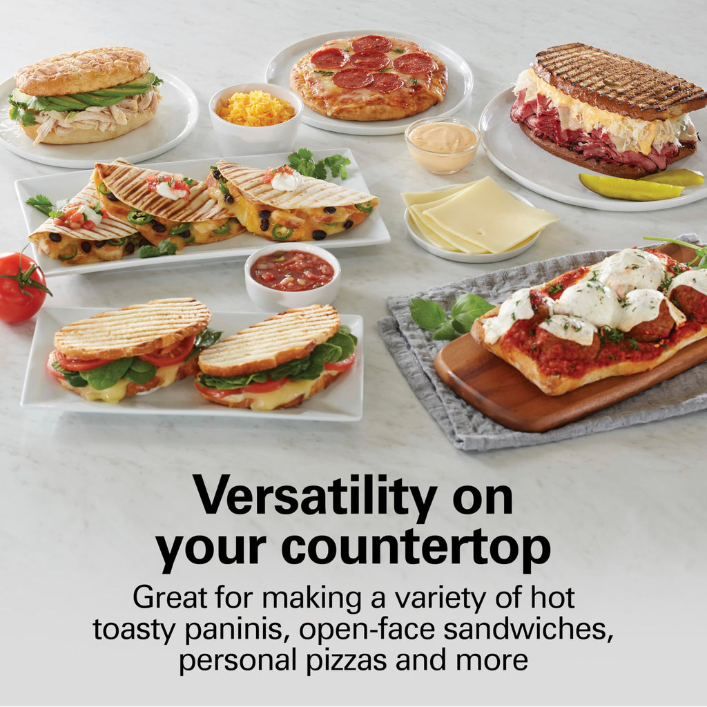 Сендвічниця Hamilton Beach Panini Press та електричний гриль для приміщень із кришкою, що замикається, відкривається на 180 градусів для будь-якої товщини кесадільї, бургерів тощо, антипригарні решітки 8" x 10", хром (25460AG)