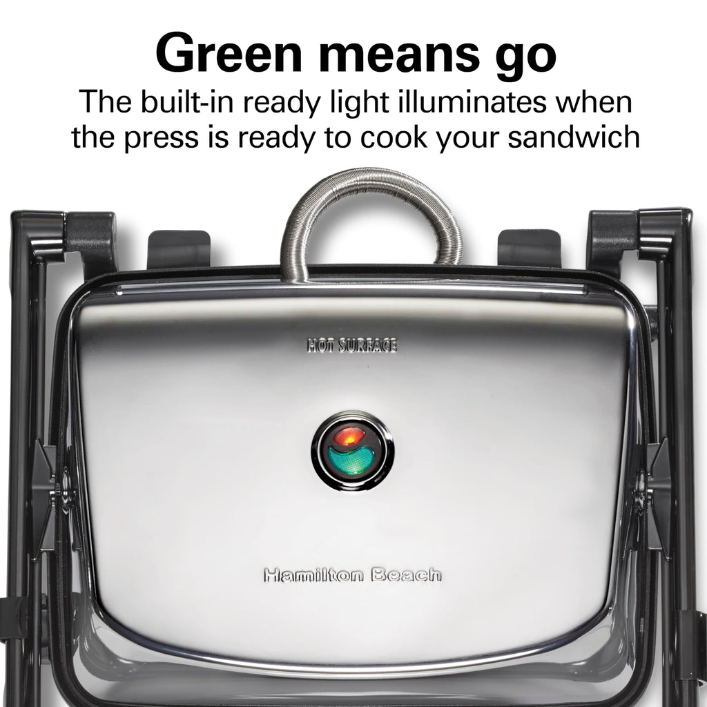 Сендвічниця Hamilton Beach Panini Press та електричний гриль для приміщень із кришкою, що замикається, відкривається на 180 градусів для будь-якої товщини кесадільї, бургерів тощо, антипригарні решітки 8" x 10", хром (25460AG)