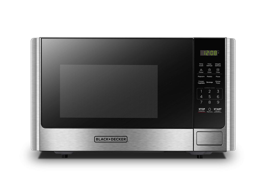 BLACK+DECKER Cyfrowy Piekarnik Mikrofalowy z Talerzem Obrotowym, Przyciskiem Drzwi, Blokada Bezpieczeństwa Dziecięca, Stal Nierdzewna, 0.9 Cu Ft