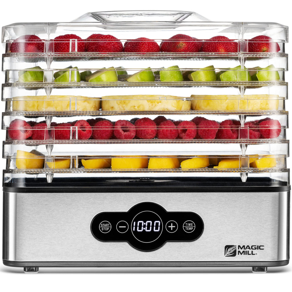 Magic Mill Food Suszarnia do żywności | 5 składanych tac ze stali nierdzewnej Suszarka do suszonego mięsa z cyfrowym regulowanym timerem i kontrolą temperatury - Elektryczna suszarka do żywności do owoców, warzyw, mięs i przysmaków dla psów
