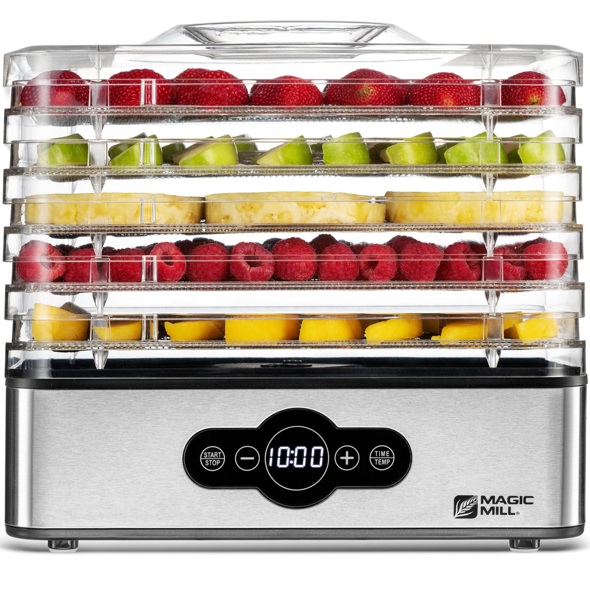 Magic Mill Food Suszarnia do żywności | 5 składanych tac ze stali nierdzewnej Suszarka do suszonego mięsa z cyfrowym regulowanym timerem i kontrolą temperatury - Elektryczna suszarka do żywności do owoców, warzyw, mięs i przysmaków dla psów