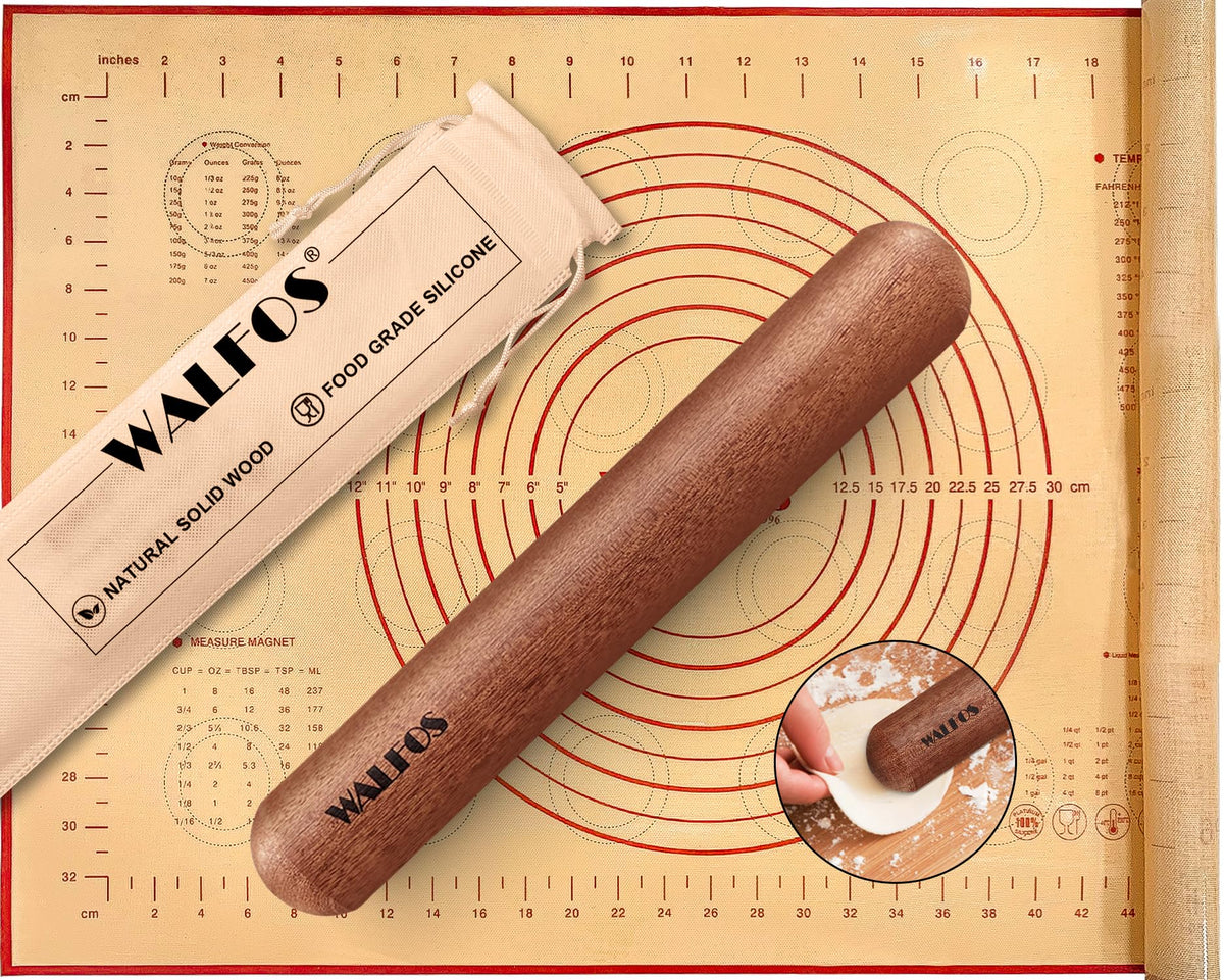 Walfos Marble Rolling Pin With Wooden Handles & Wood Cradle, 16.5 Inch Marble Rolling Pins For Making Pizza Dough And Tortillas, Dough Roller For Pie Crust, Cookie, Pasta (Gray & White)