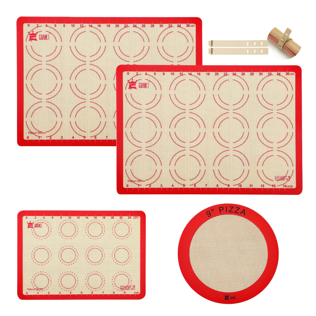 Silicone Baking Mat Set of 4, GUANCI Grade Food Baking mats Non-Stick Reusable Pizza Bakeware Mat for Making Macaroon, Pizza, Cookie, Pastry, Bread, Bun(Grey)