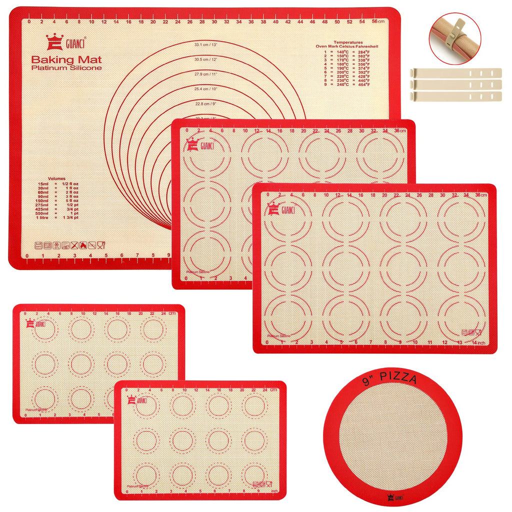 Silicone Baking Mat Set of 4, GUANCI Grade Food Baking mats Non-Stick Reusable Pizza Bakeware Mat for Making Macaroon, Pizza, Cookie, Pastry, Bread, Bun(Grey)