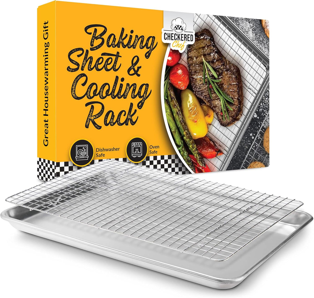 Checkered Chef Baking Sheet Pan and Cooling Rack - Half Sheet, 18" x 13" Aluminum Cookie Sheets and Stainless Steel Wire Rack for Baking