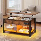 YITAHOME Lift Top Coffee Table with RGB Light, 3-in-1 Coffee Table with Power Outlets, Hidden & Open Storage, Adjustable Height, Wooden Dining Table for Living Room, Home Office, Brown