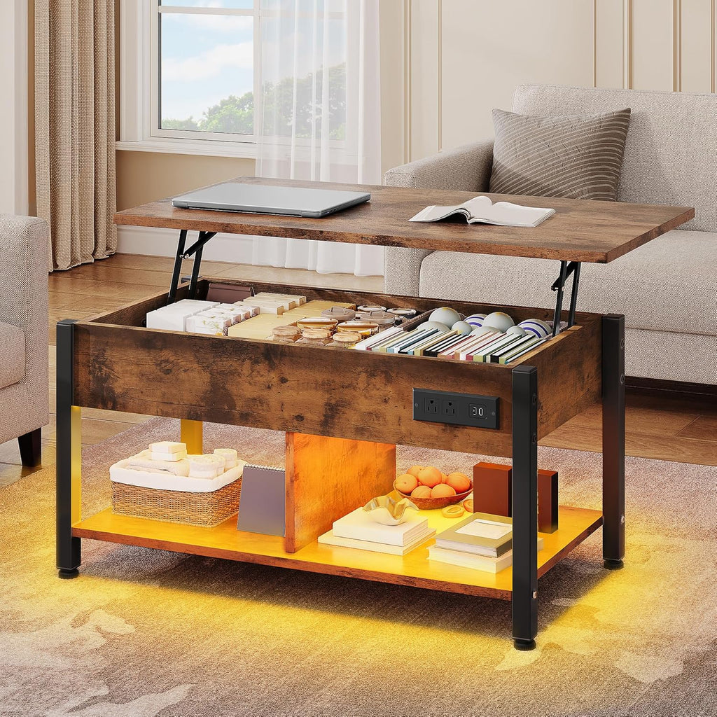 YITAHOME Lift Top Coffee Table with RGB Light, 3-in-1 Coffee Table with Power Outlets, Hidden & Open Storage, Adjustable Height, Wooden Dining Table for Living Room, Home Office, Brown