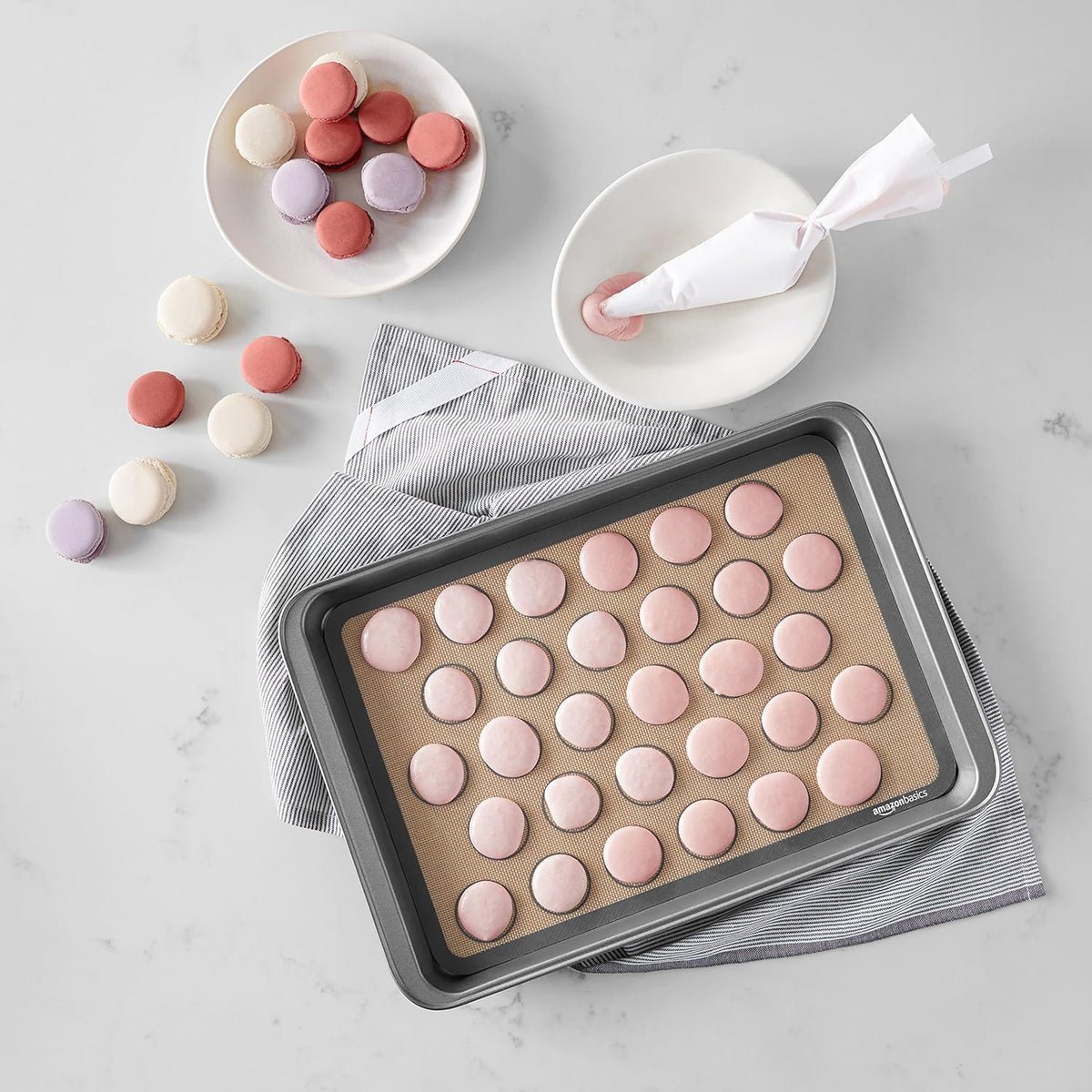 Amazon Basics Silicone Baking Mat for Macarons, Non-Stick, Food Safe, 16.5" x 11.6", Beige/Gray, Pack of 2