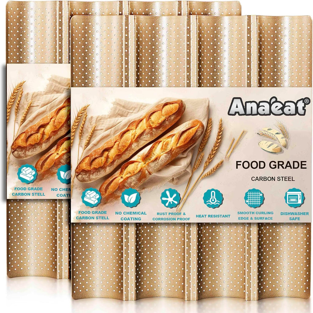 Anaeat 2 Pack Nonstick Perforated French Bread Baking Pan, 15"X 13" Premium Toast Mold for 4 Loaves Baguettes, French & Italian Bread Trays for Baking Loaf Bread, Ventilation & Heat Resistant (Gloden)